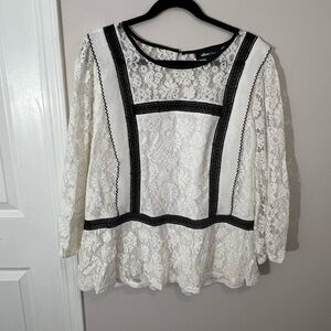 AliceBlue Ivory Lace Blouse with Black Trim,3X